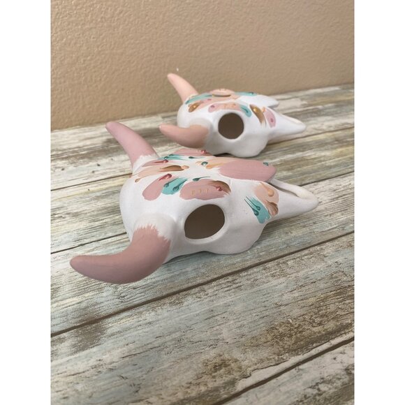 Set of 2 Vintage Ceramic Bull Skull Wall Decor Pair Southwestern Boho Pastel - Picture 7 of 10